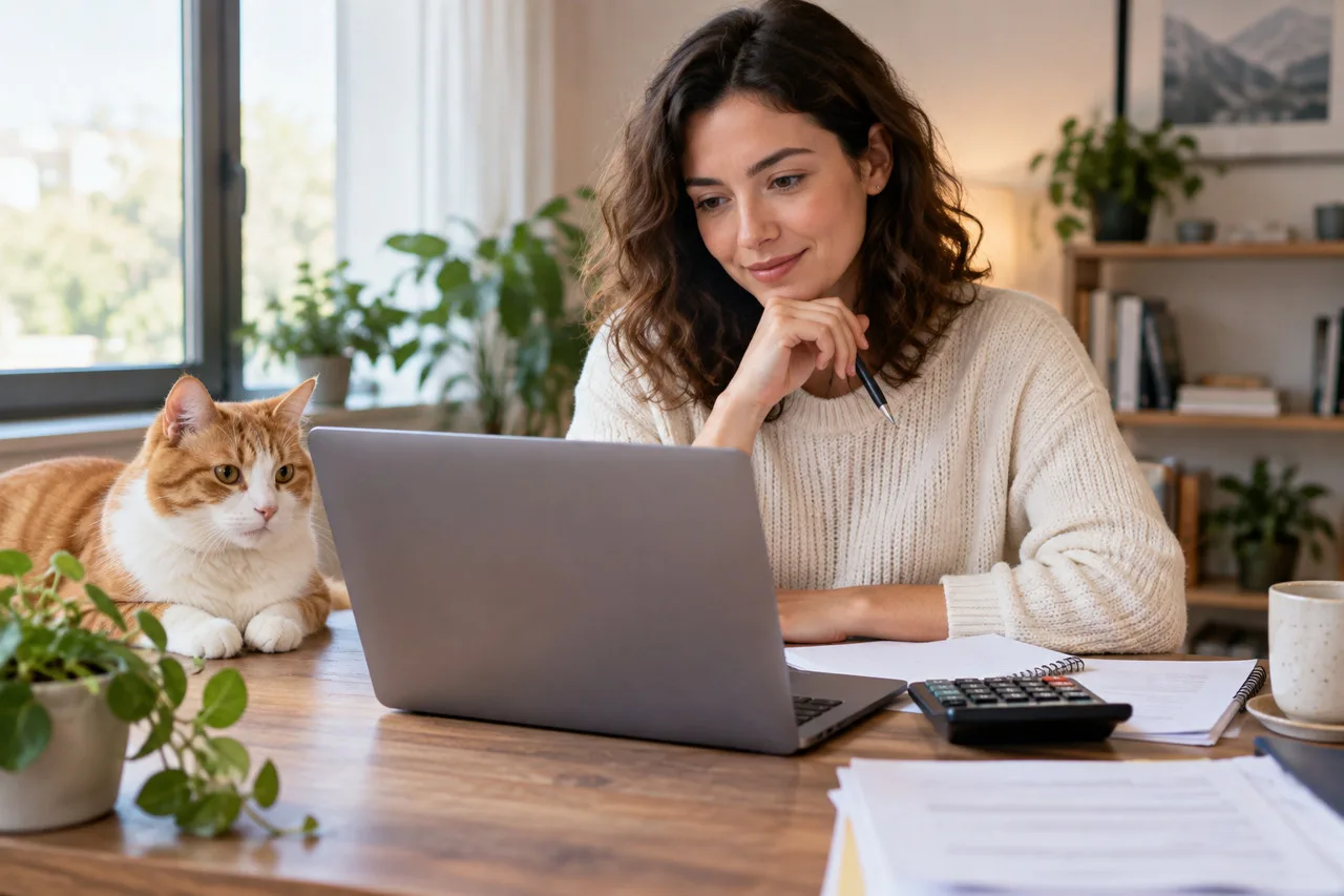 Owner using a laptop beside a cat at home